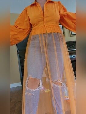 Truth Orange Button-Front Dress with Draped Sleeves Open Back